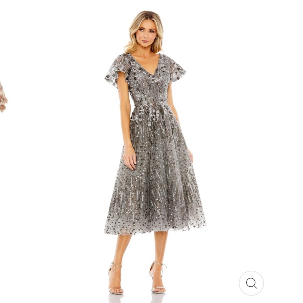 Mac Duggal Shimmering Silver Midi Dress